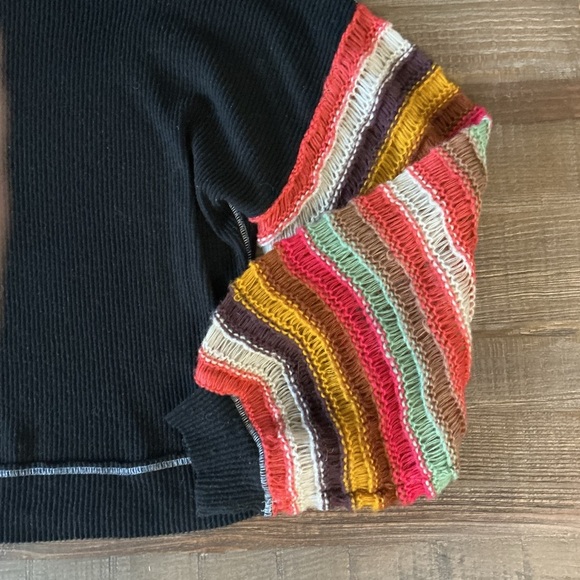 We The Free Black Knit Sweater With Colorful Balloon Sleeves and White Stitching - Picture 3 of 5